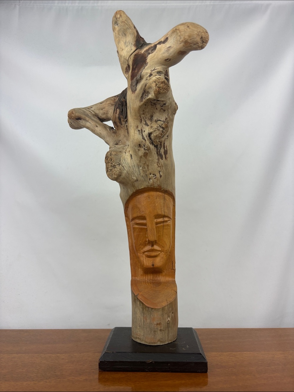Hand carved Alder driftwood folk art spirit face sculpture 16” artist signed